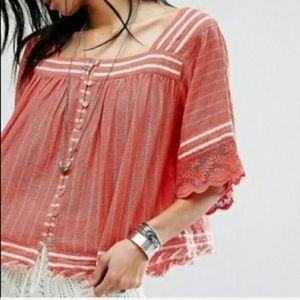 Free People seesaw lace striped top boxy shirt